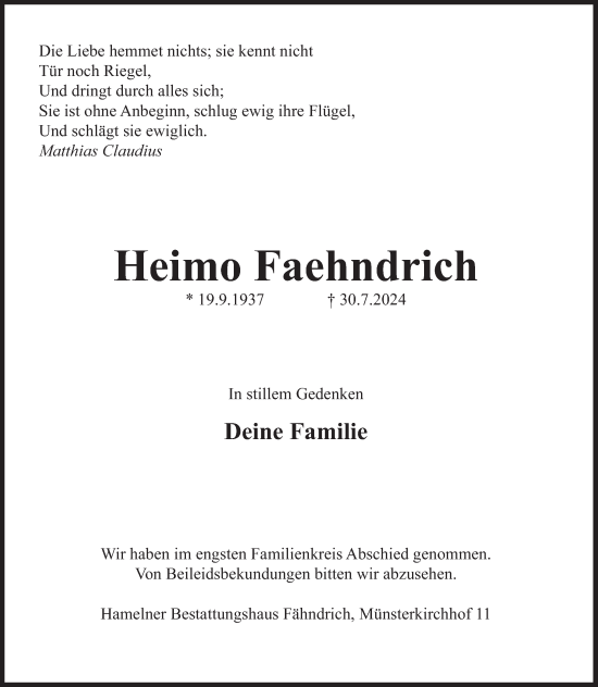Traueranzeige von Heimo Faehndrich von Deister- und Weserzeitung