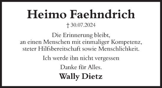 Traueranzeige von Heimo Faehndrich von Deister- und Weserzeitung