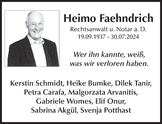 Traueranzeige von Heimo Faehndrich von Deister- und Weserzeitung