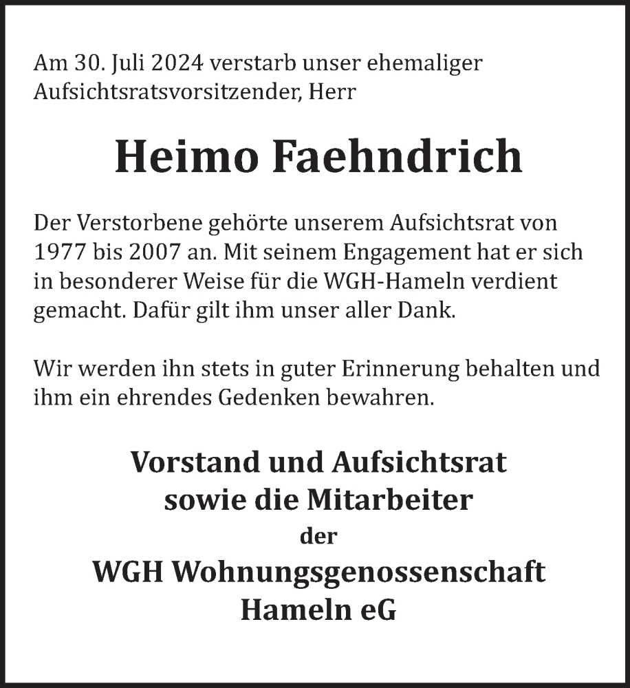  Traueranzeige für Heimo Faehndrich vom 17.08.2024 aus Deister- und Weserzeitung