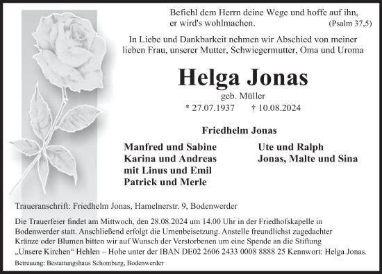 Traueranzeige von Helga Jonas von Deister- und Weserzeitung