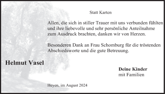 Traueranzeige von Helmut Vasel von Deister- und Weserzeitung