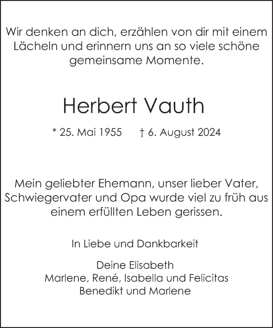 Traueranzeige von Herbert Vauth von Deister- und Weserzeitung