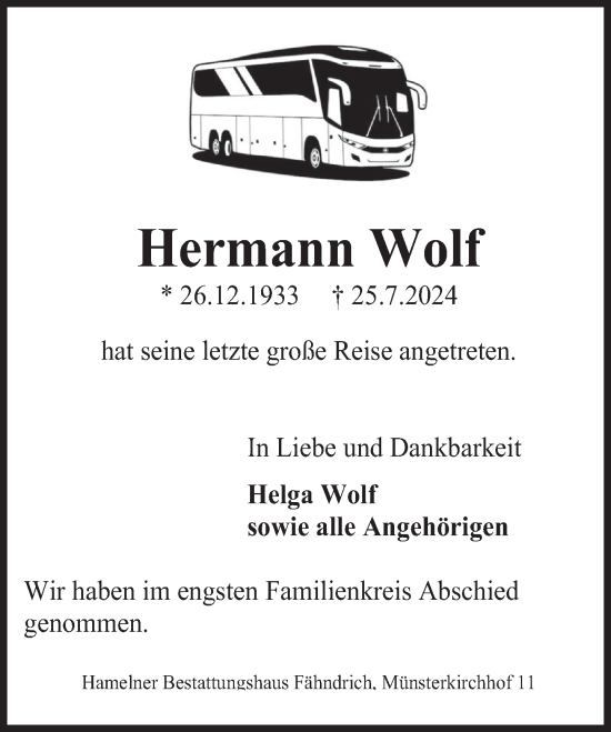 Traueranzeige von Hermann Wolf von Deister- und Weserzeitung