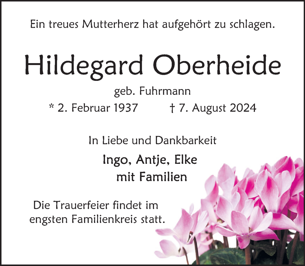  Traueranzeige für Hildegard Oberheide vom 17.08.2024 aus Deister- und Weserzeitung