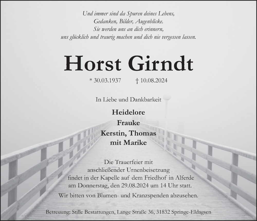  Traueranzeige für Horst Girndt vom 17.08.2024 aus Neue Deister-Zeitung