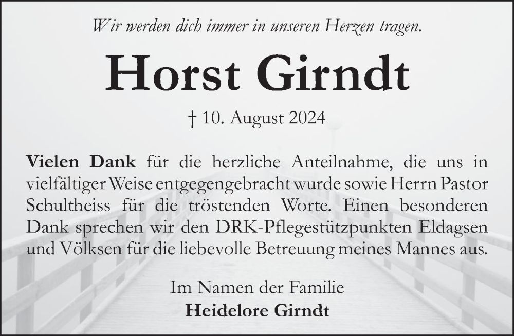  Traueranzeige für Horst Girndt vom 31.08.2024 aus Neue Deister-Zeitung