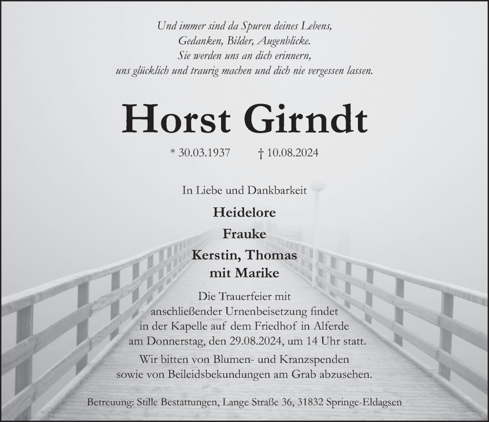  Traueranzeige für Horst Girndt vom 17.08.2024 aus Neue Deister-Zeitung