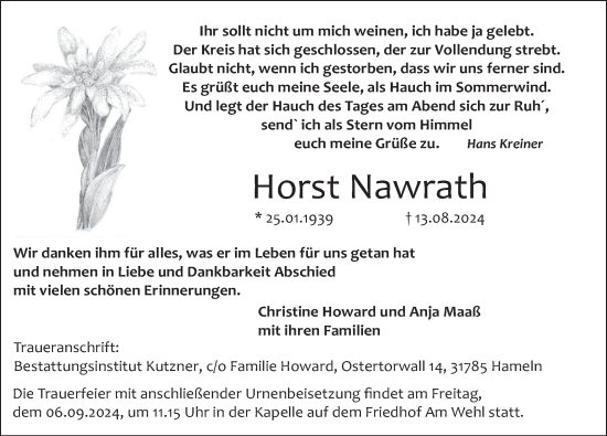 Traueranzeige von Horst Nawrath von Deister- und Weserzeitung