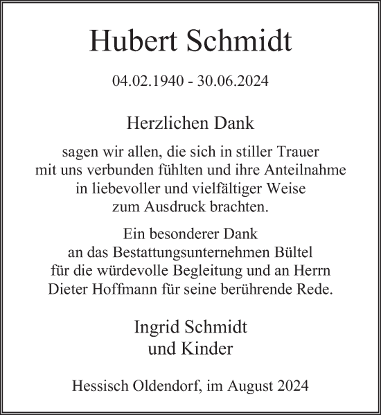 Traueranzeige von Hubert Schmidt von Deister- und Weserzeitung