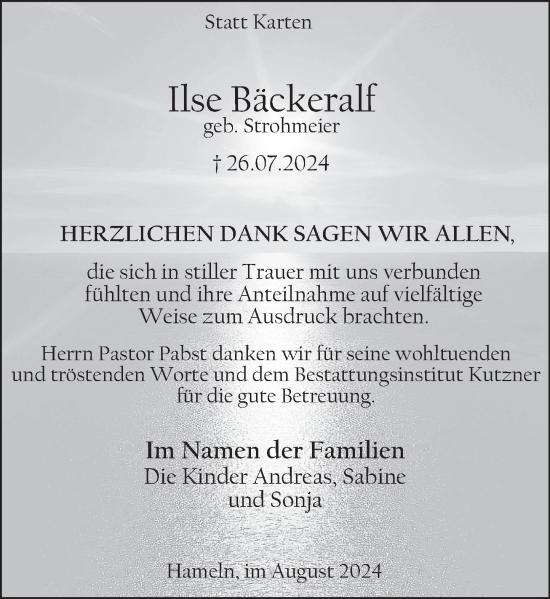 Traueranzeige von Ilse Bäckeralf von Deister- und Weserzeitung