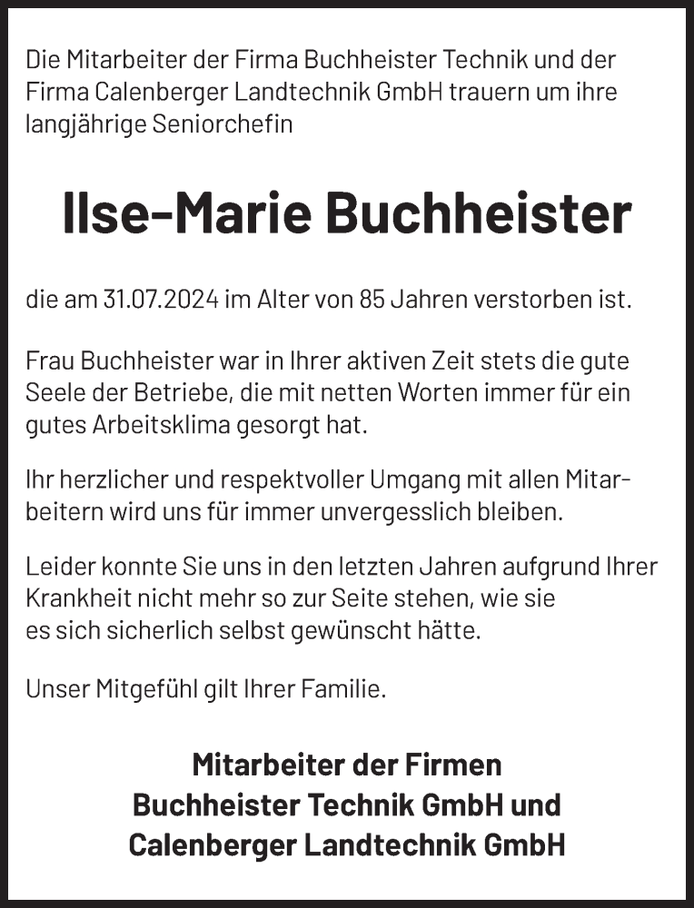  Traueranzeige für Ilse-Marie Buchheister vom 10.08.2024 aus Deister- und Weserzeitung