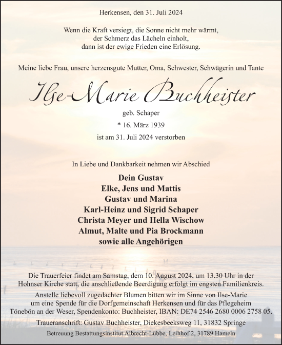 Traueranzeige von Ilse Marie Buchheister von Deister- und Weserzeitung