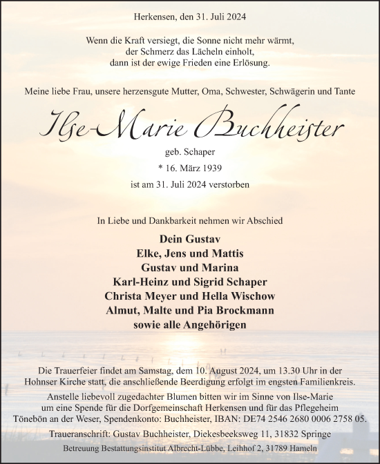 Traueranzeige von Ilse Marie Buchheister von Neue Deister-Zeitung