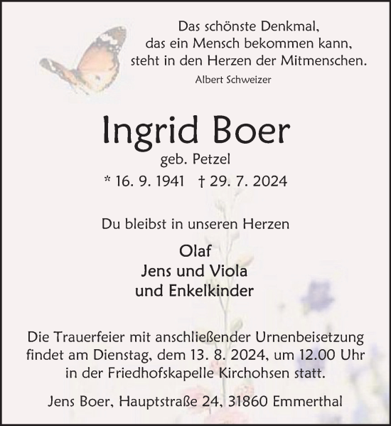 Traueranzeige von Ingrid Boer von Deister- und Weserzeitung