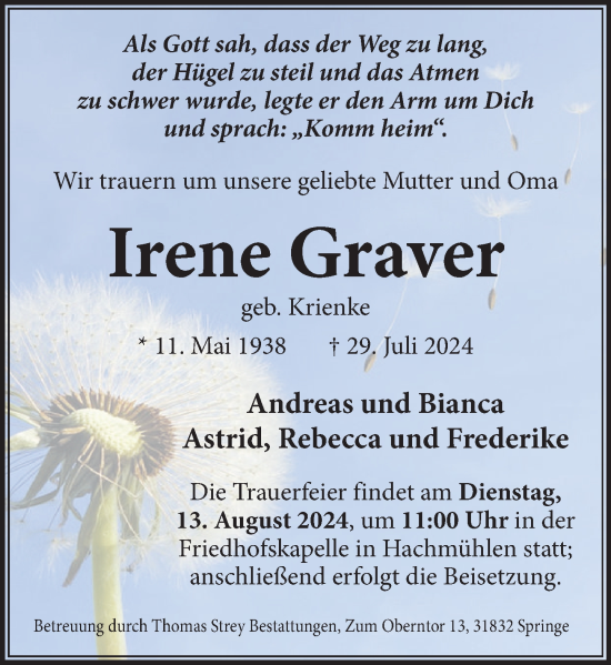 Traueranzeige von Irene Grauer von Neue Deister-Zeitung