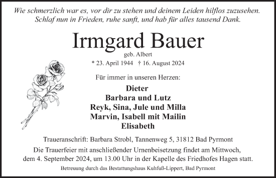 Traueranzeige von Irmgard Bauer von Deister- und Weserzeitung