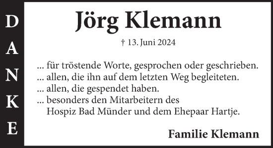 Traueranzeige von Jörg Klemann von Neue Deister-Zeitung