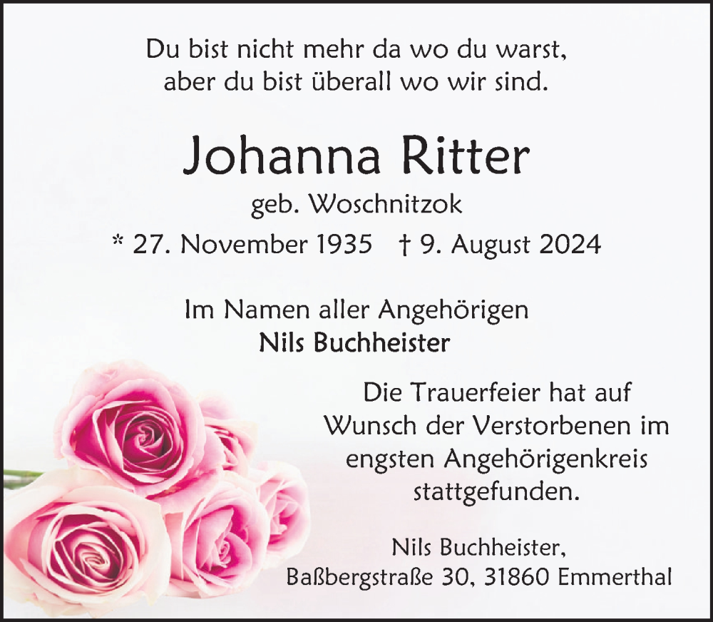  Traueranzeige für Johanna Ritter vom 31.08.2024 aus Deister- und Weserzeitung