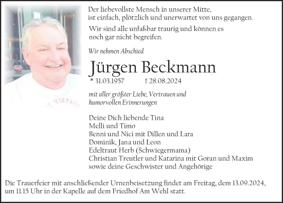 Traueranzeige von Jürgen Beckmann von Deister- und Weserzeitung