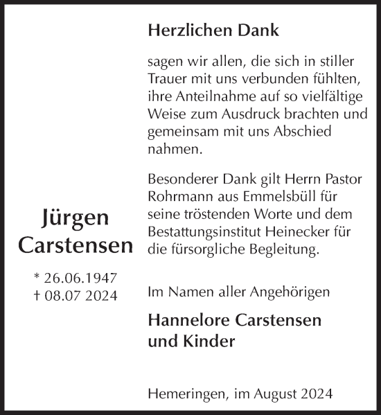 Traueranzeige von Jürgen Carstensen von Deister- und Weserzeitung