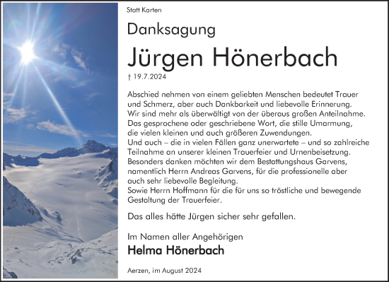 Traueranzeige von Jürgen Hönerbach von Deister- und Weserzeitung