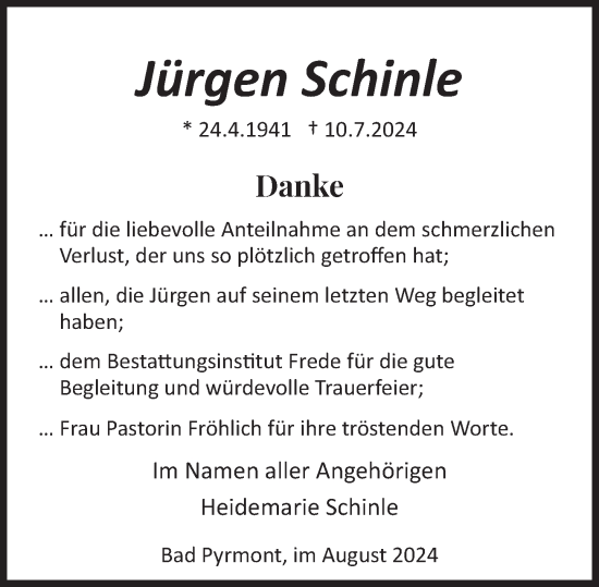 Traueranzeige von Jürgen Schinle von Deister- und Weserzeitung