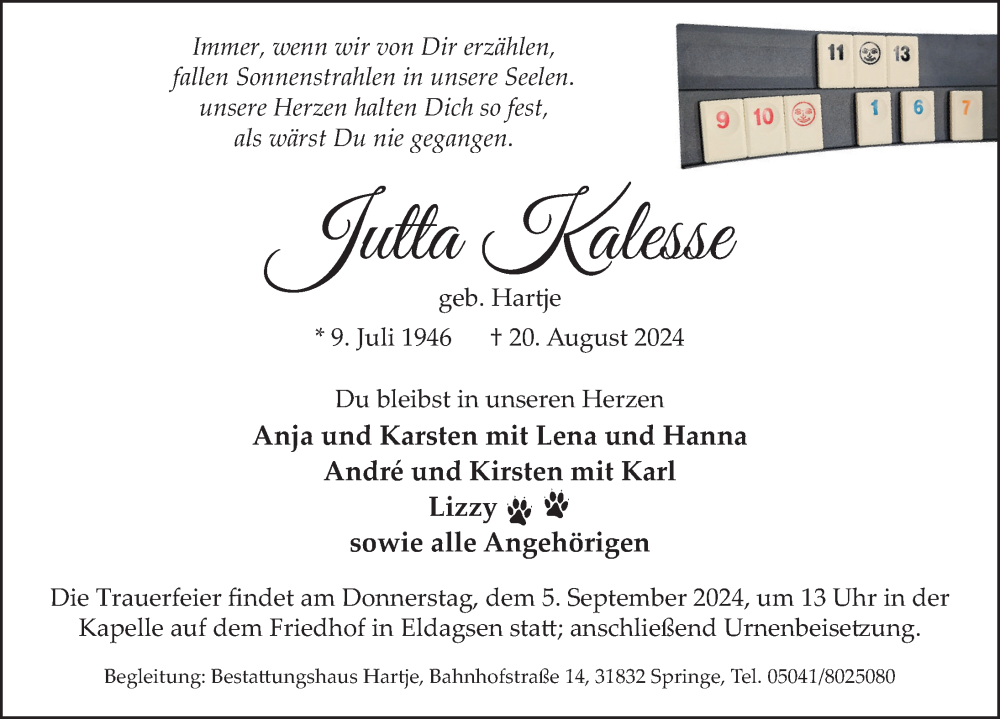  Traueranzeige für Jutta Kalesse vom 31.08.2024 aus Neue Deister-Zeitung