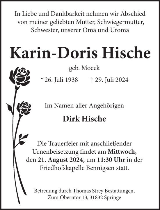 Traueranzeige von Karin-Doris Hische von Neue Deister-Zeitung