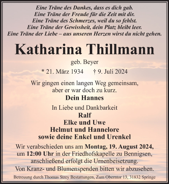 Traueranzeige von Katharina Thillmann von Neue Deister-Zeitung