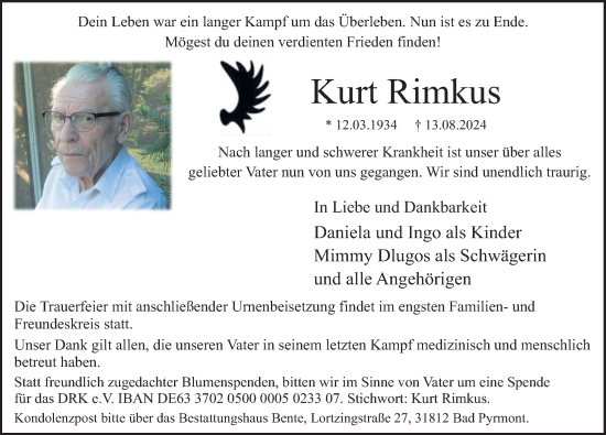 Traueranzeige von Kurt Rimkus von Deister- und Weserzeitung
