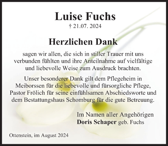 Traueranzeige von Luise Fuchs von Deister- und Weserzeitung