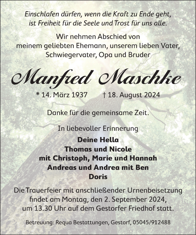  Traueranzeige für Manfred Maschke vom 24.08.2024 aus Neue Deister-Zeitung