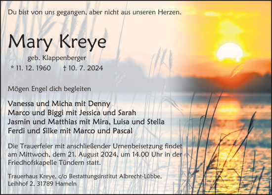 Traueranzeige von Mary Kreye von Deister- und Weserzeitung