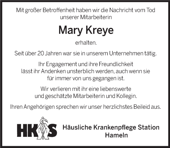 Traueranzeige von Mary Kreye von Deister- und Weserzeitung