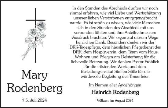 Traueranzeige von Mary Rodenberg von Neue Deister-Zeitung