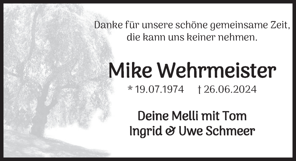  Traueranzeige für Mike Wehrmeister vom 31.08.2024 aus Deister- und Weserzeitung