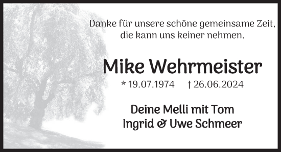 Traueranzeige von Mike Wehrmeister von Deister- und Weserzeitung