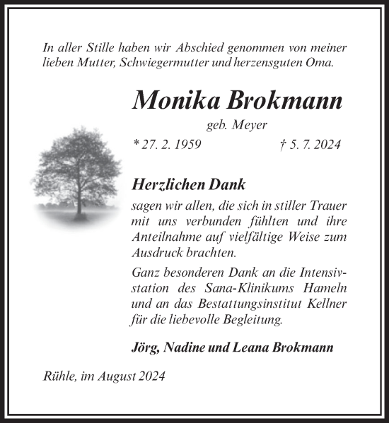 Traueranzeige von Monka Brokmann von Deister- und Weserzeitung