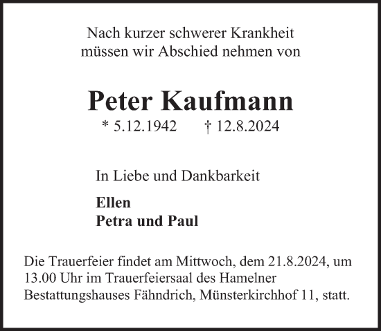Traueranzeige von Peter Kaufmann von Deister- und Weserzeitung