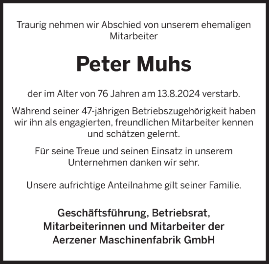 Traueranzeige von Peter Muhs von Deister- und Weserzeitung