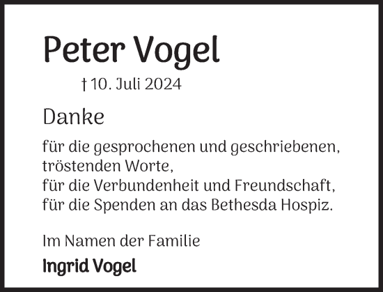 Traueranzeige von Peter Vogel von Deister- und Weserzeitung