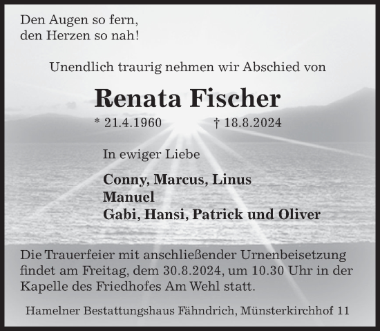 Traueranzeige von Renata Fischer von Deister- und Weserzeitung