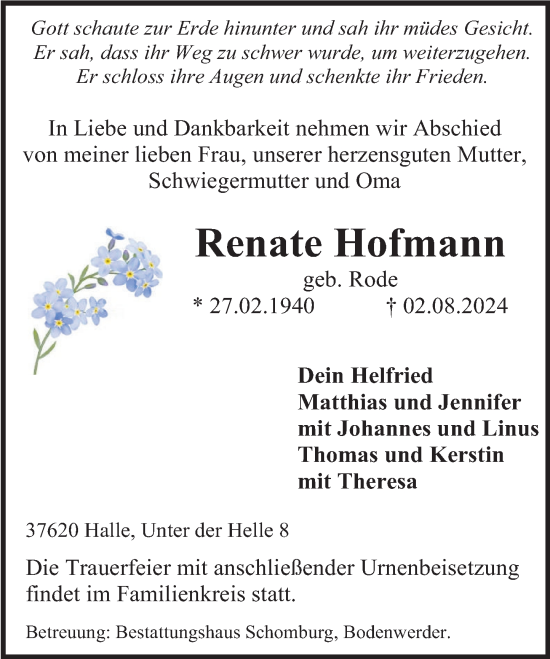 Traueranzeige von Renate Hofmann von Deister- und Weserzeitung
