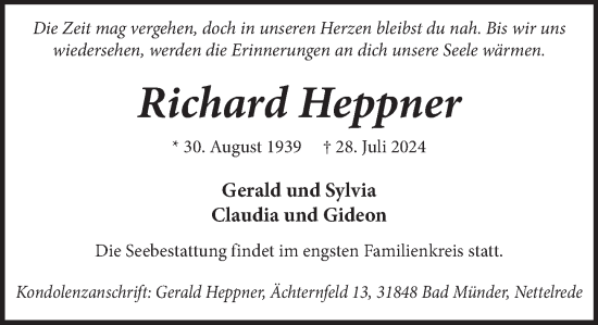 Traueranzeige von Richard Heppner von Neue Deister-Zeitung