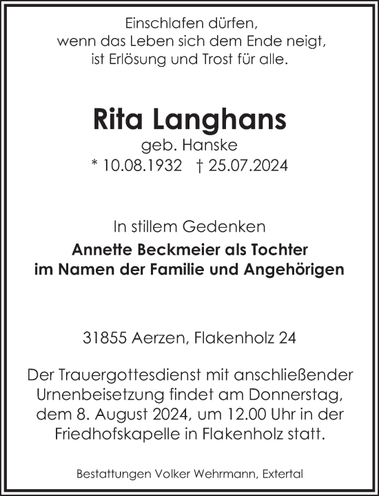 Traueranzeige von Rita Langhans von Deister- und Weserzeitung
