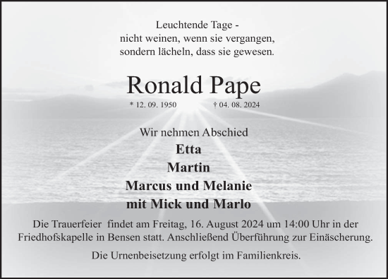 Traueranzeige von Ronald Pape von Deister- und Weserzeitung