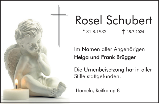 Traueranzeige von Rosel Schubert von Deister- und Weserzeitung