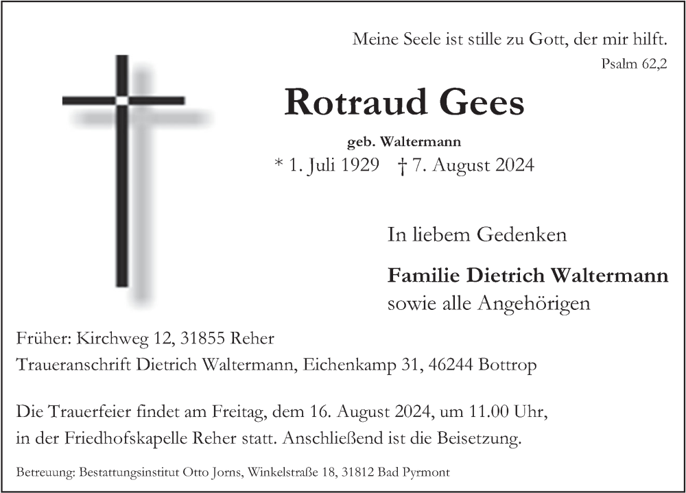  Traueranzeige für Rotraud Gees vom 12.08.2024 aus Deister- und Weserzeitung