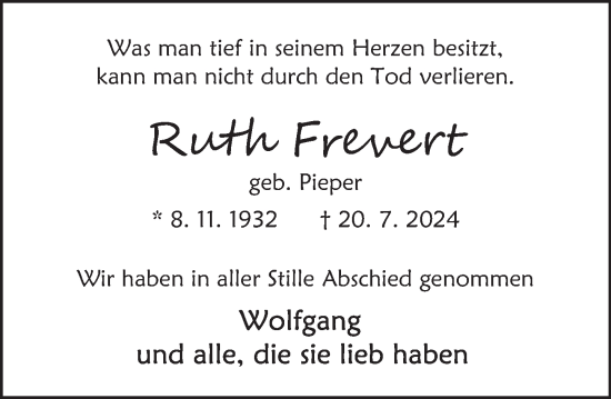 Traueranzeige von Ruth Frenert von Deister- und Weserzeitung